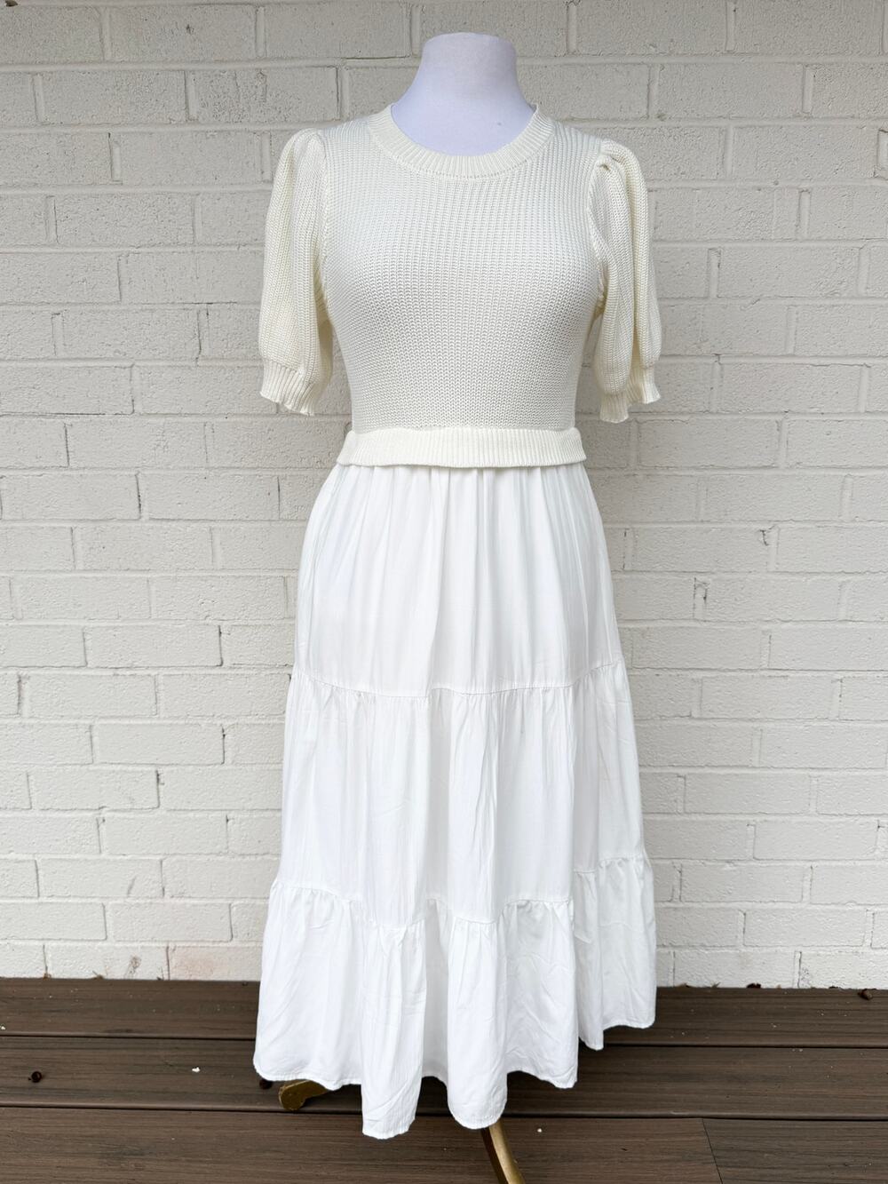 La February White Knit Bodice Tiered Midi Dress Puff Sleeve Cottagecore Small